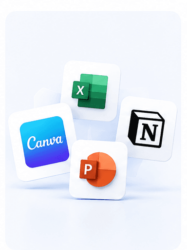 Workplace tools including Canva, Excel, Notion and PowerPoint